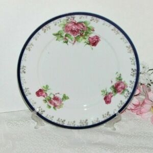 Vintage Cake Dessert Plate Mosanic Bavaria Pink Roses Cobalt Blue Cottagecore